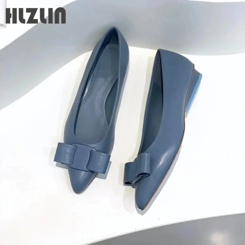 2026 Women's leather loafers, low-heeled moccasins with bows, light ballet flats spring and autumn