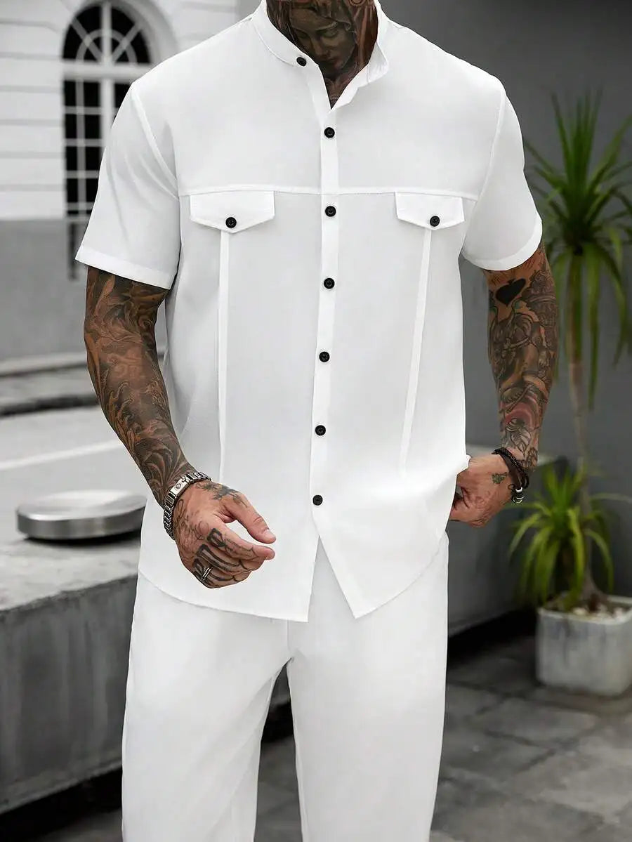 Mens Summer Solid Color Short Sleeve Stand Collar Shirt And Elastic Drawstring Pants Casual Co-ords Set
