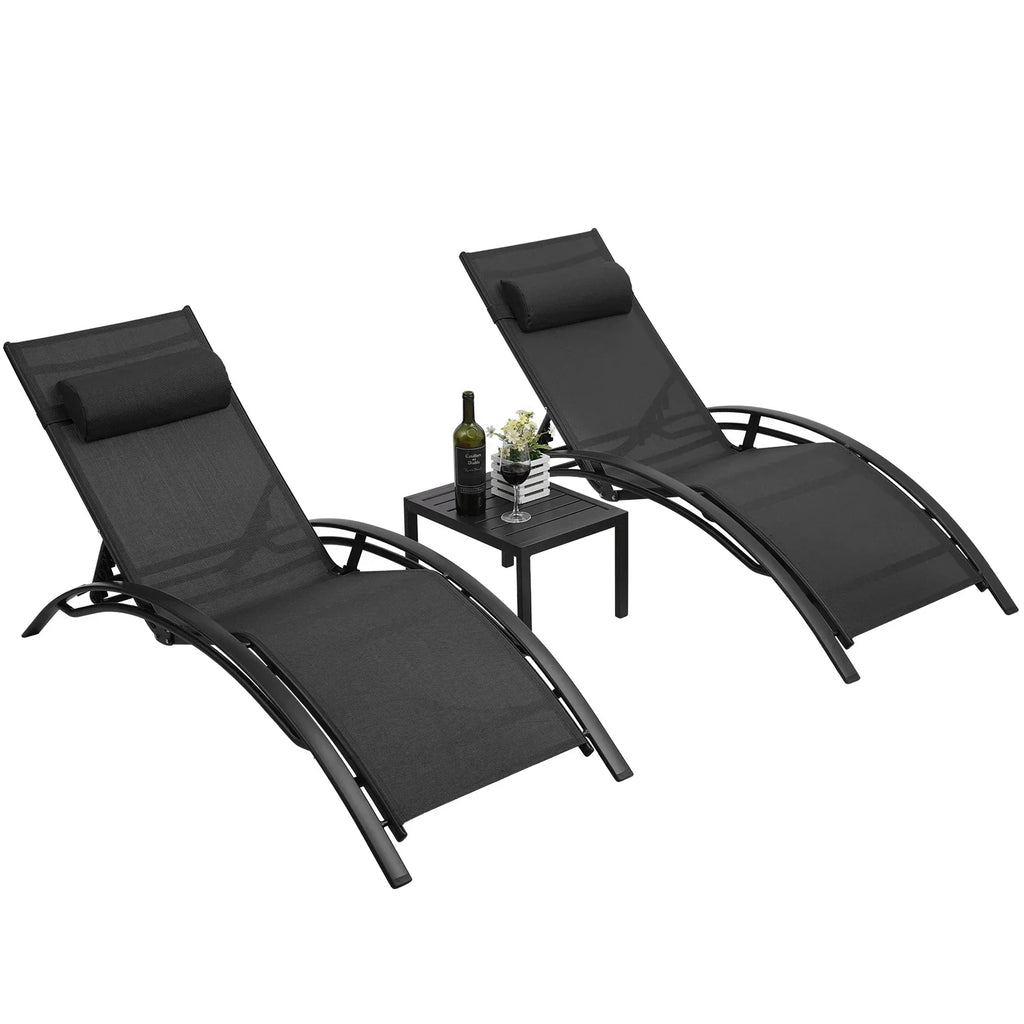 Garden Sun Loungers, Set of 2 with Side Table and Cushions, Aluminum,Weather Resistant,5-Way Adjustable Backrest,for Garden,Pool