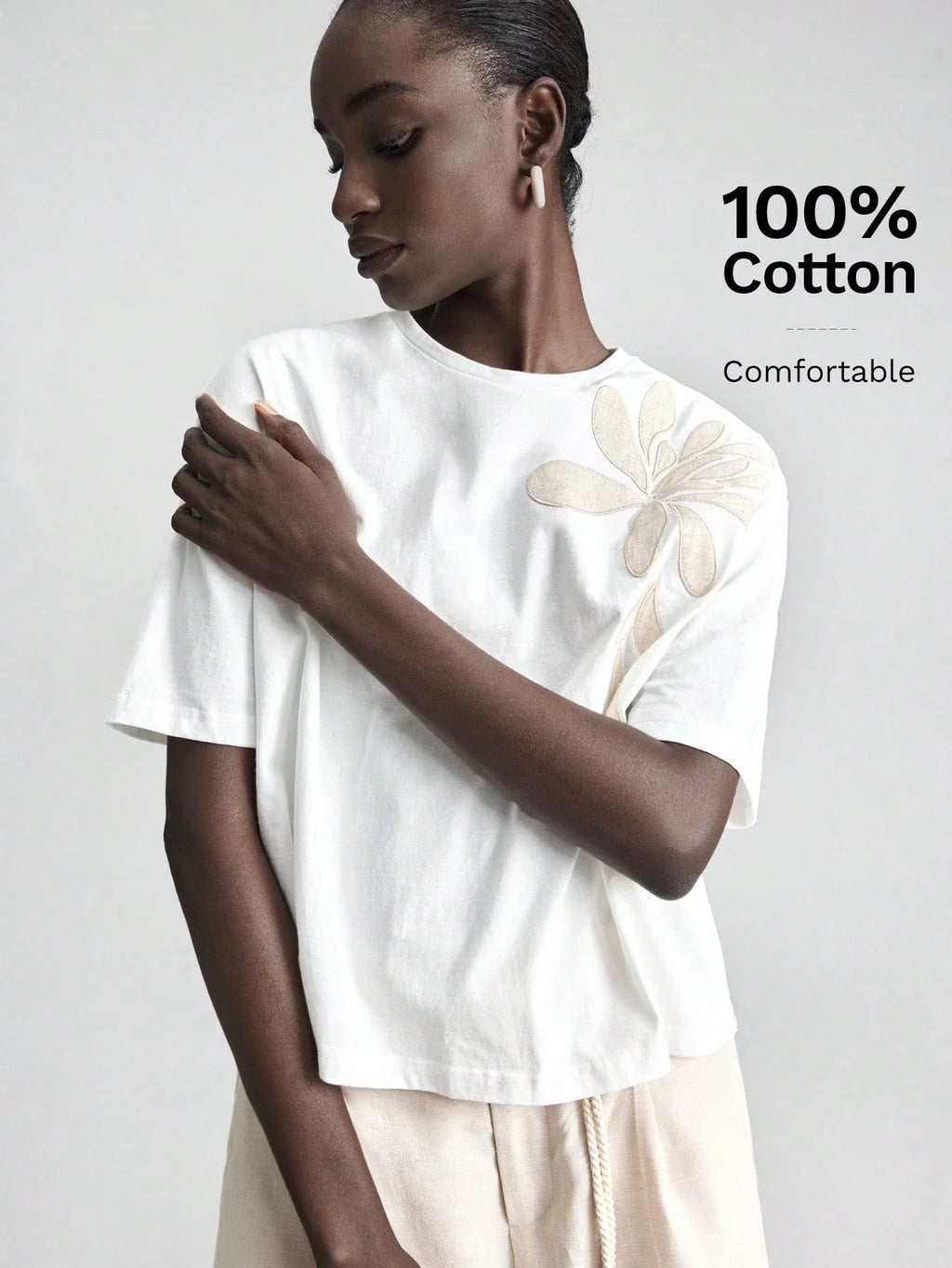 White Embroidered Floral Tee Short Sleeve Crew Neck Loose Comfortable Cotton T-Shirt