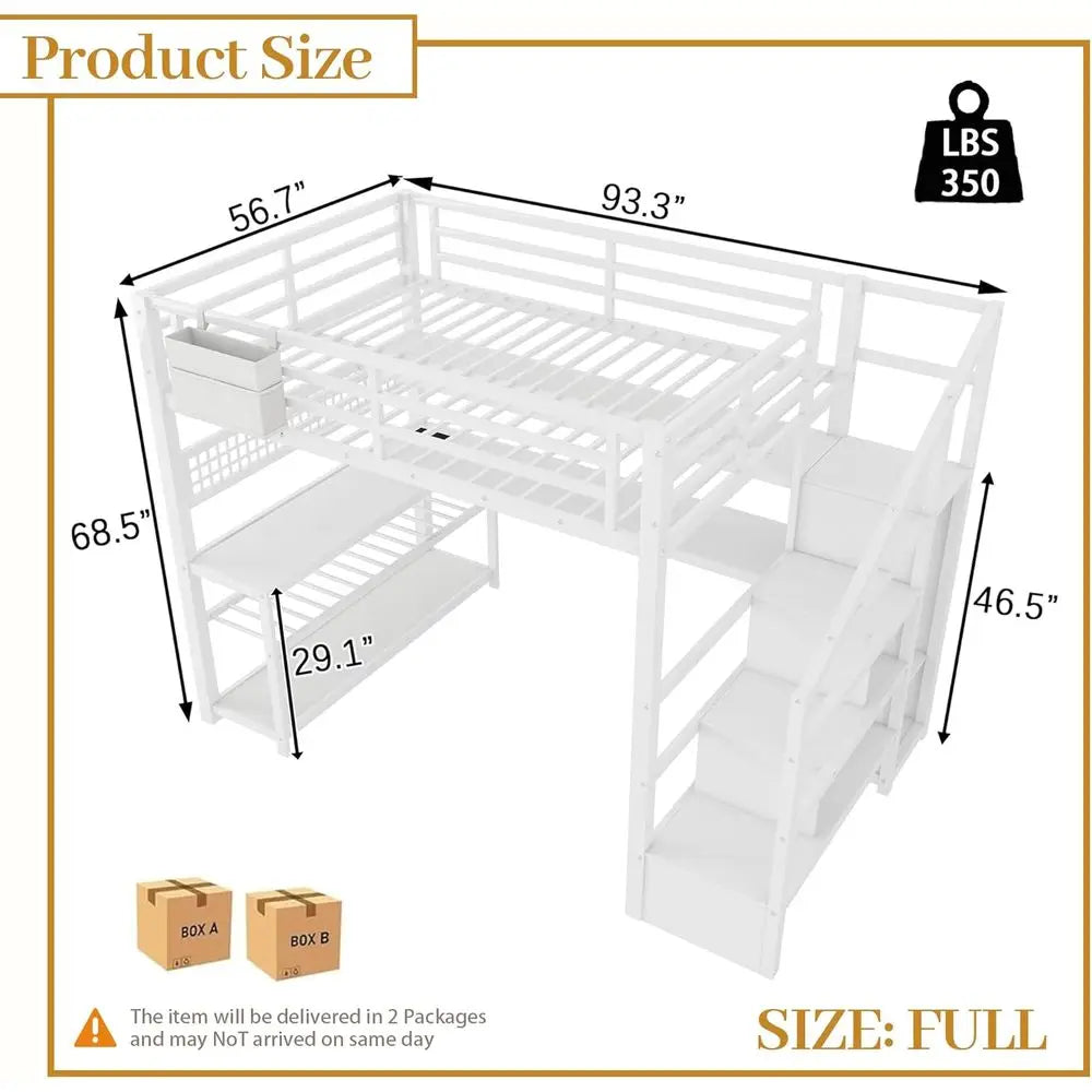 White Loft Bed with Stairs, Desk, Storage, Charging Station, LED Lights - Space-Saving for Kids, Teens, Adults