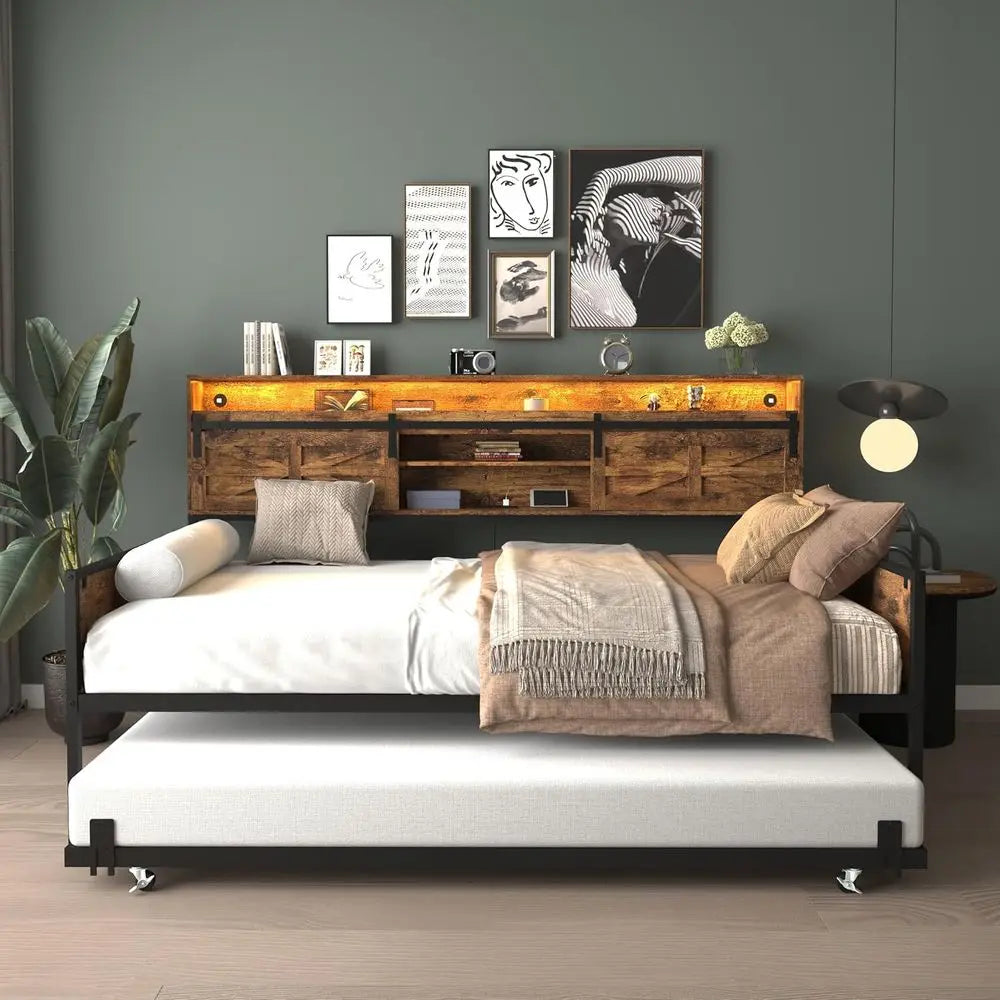 Sturdy Metal Twin Daybed with Trundle, LED & Charging Station, Storage Headboard - Heavy Duty Frame for Living, Bedroom, Guest R
