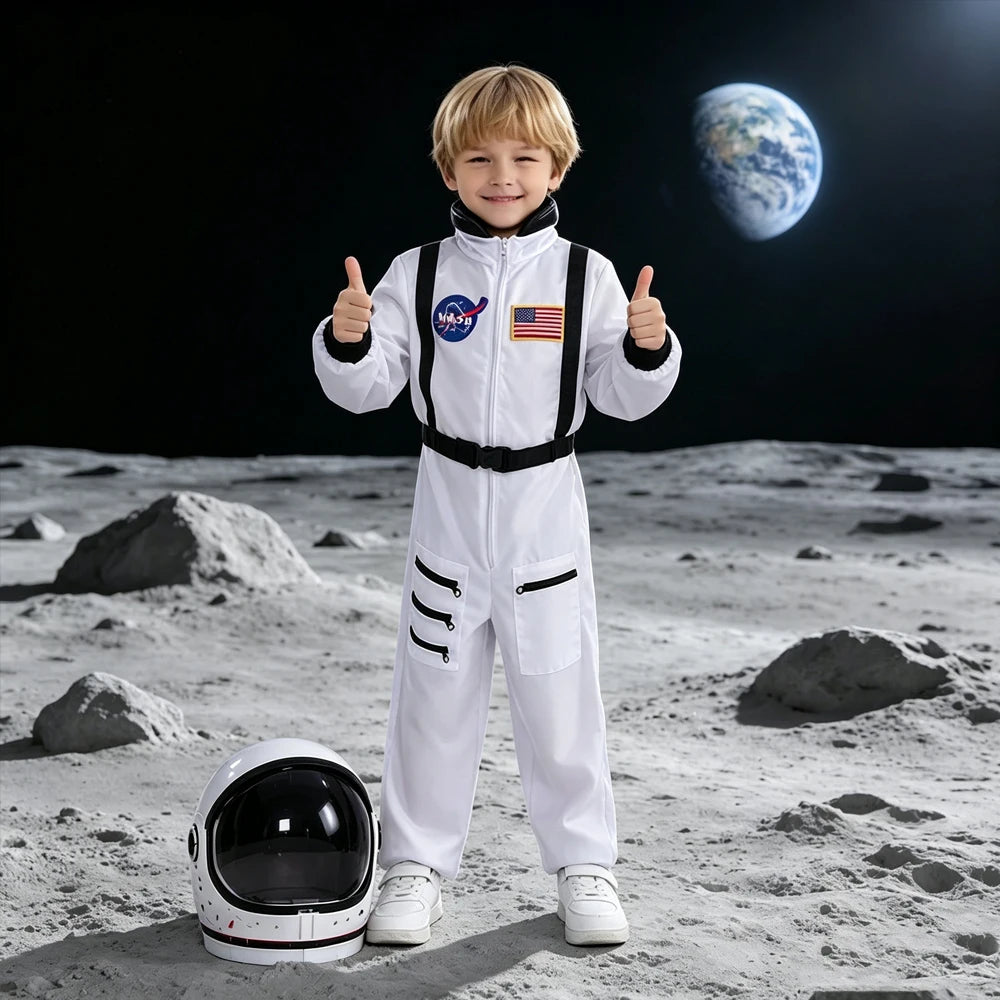 Kids White Astronaut Jumpsuit Space Flight Suit Boys Girls Cosplay Costume Halloween School Stage Role Play Spaceman Outfits