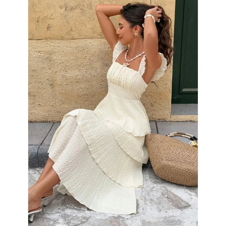 Women's French Elegant Cream White Summer Pleated Dress,Small Flying Sleeves Tropical Vacation Holiday Sundress,Tea Party Weddin