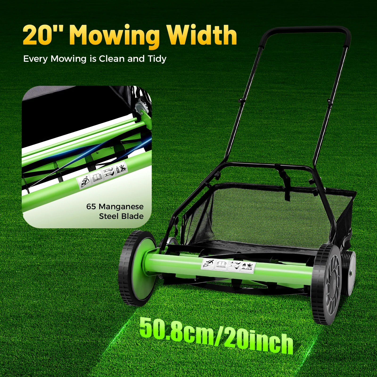 20 Inch 5-Blade Push Reel Lawn Mower with Grass Catcher Manual Push Mower with Adjustable Cutting Height 2.5 Inch Max, 4 Wheels Reel Mower for Small Area Yards (20 Inch)