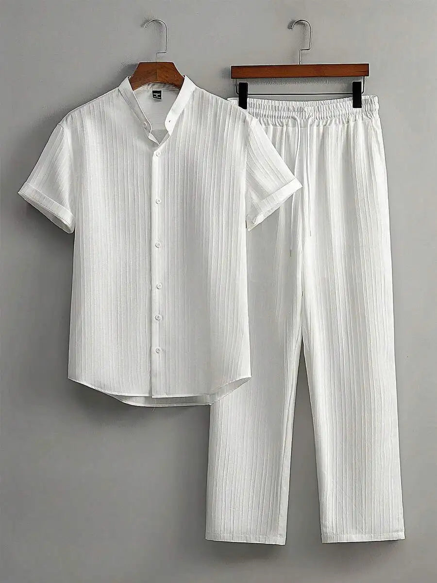 Mens Summer Solid Color Short Sleeve Stand Collar Shirt And Elastic Drawstring Pants Casual Co-ords Set