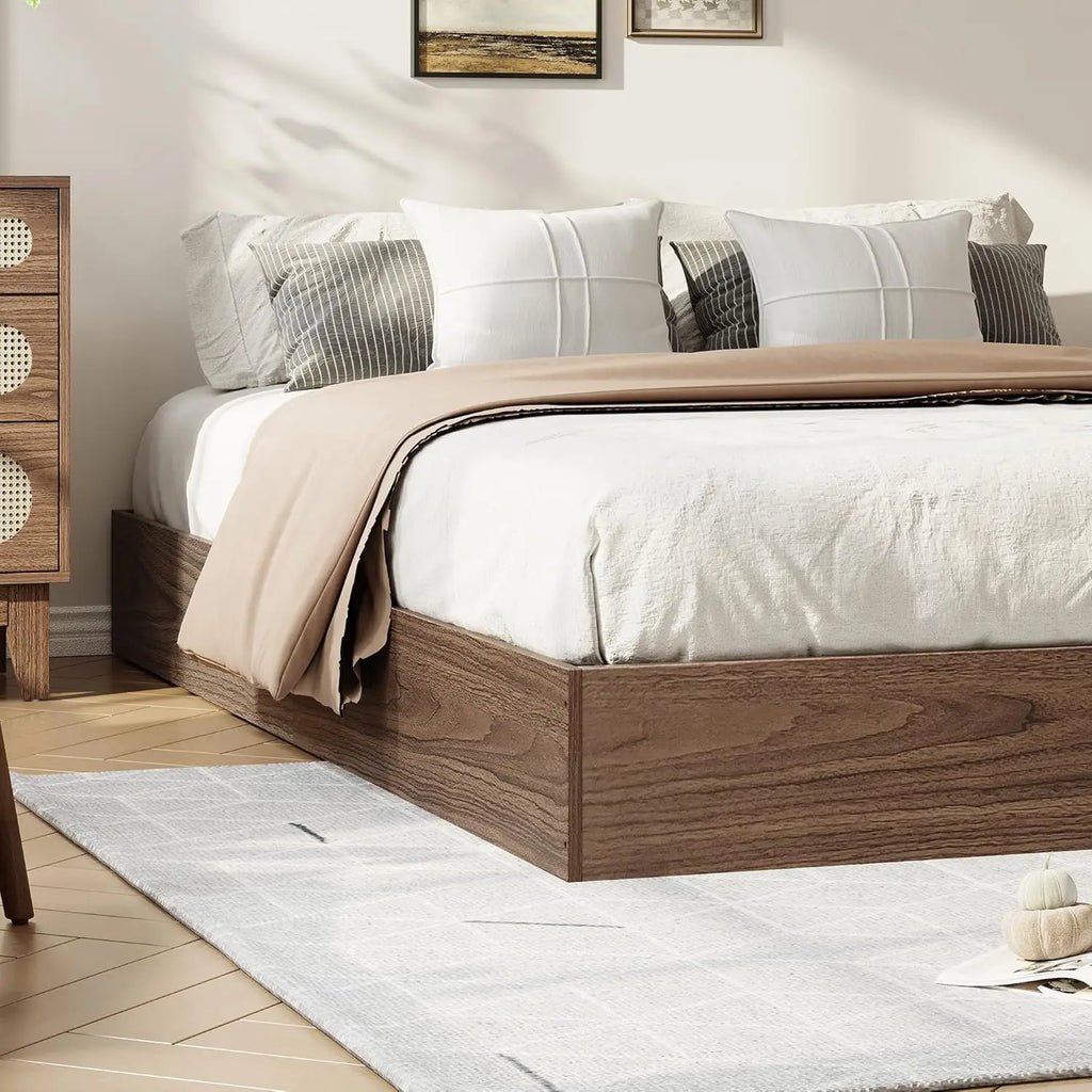 Queen Bed Frame, Wood Platform Bed with Sturdy Wooden Slats, Modern Minimalist Design, No Box Spring Needed, Easy Assembly, Walnut