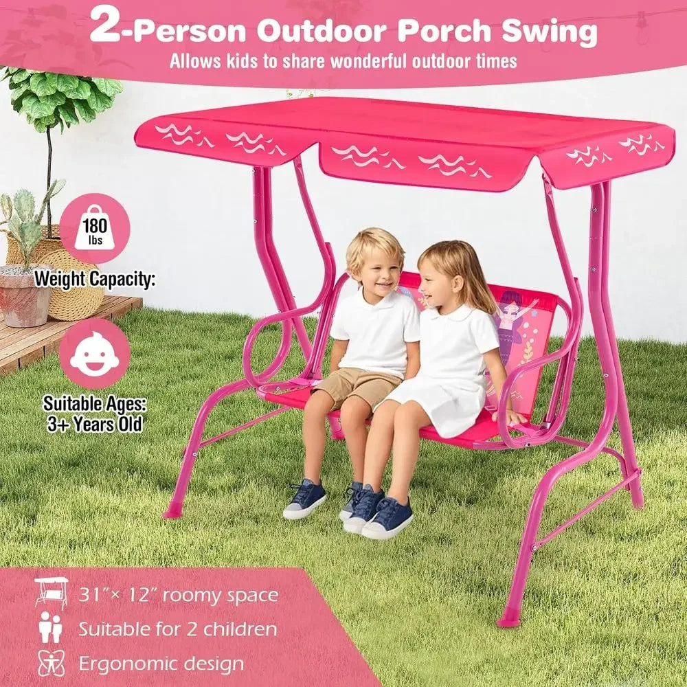 2-Seater Outdoor Swing Chair with Adjustable Safety Belt, Weather-Resistant for Porch, Garden, or Poolside (Pink Mermaid)