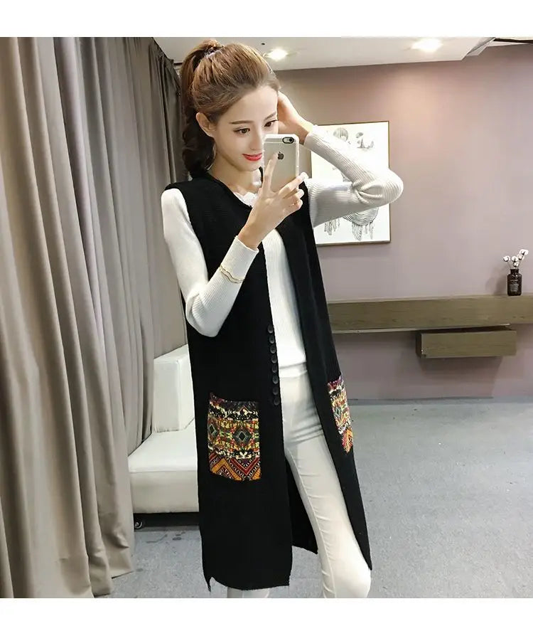 Spring and Autumn New Loose Vest Mid-Length Cardigan Women's Knitwear Sleeveless Vest Jacket