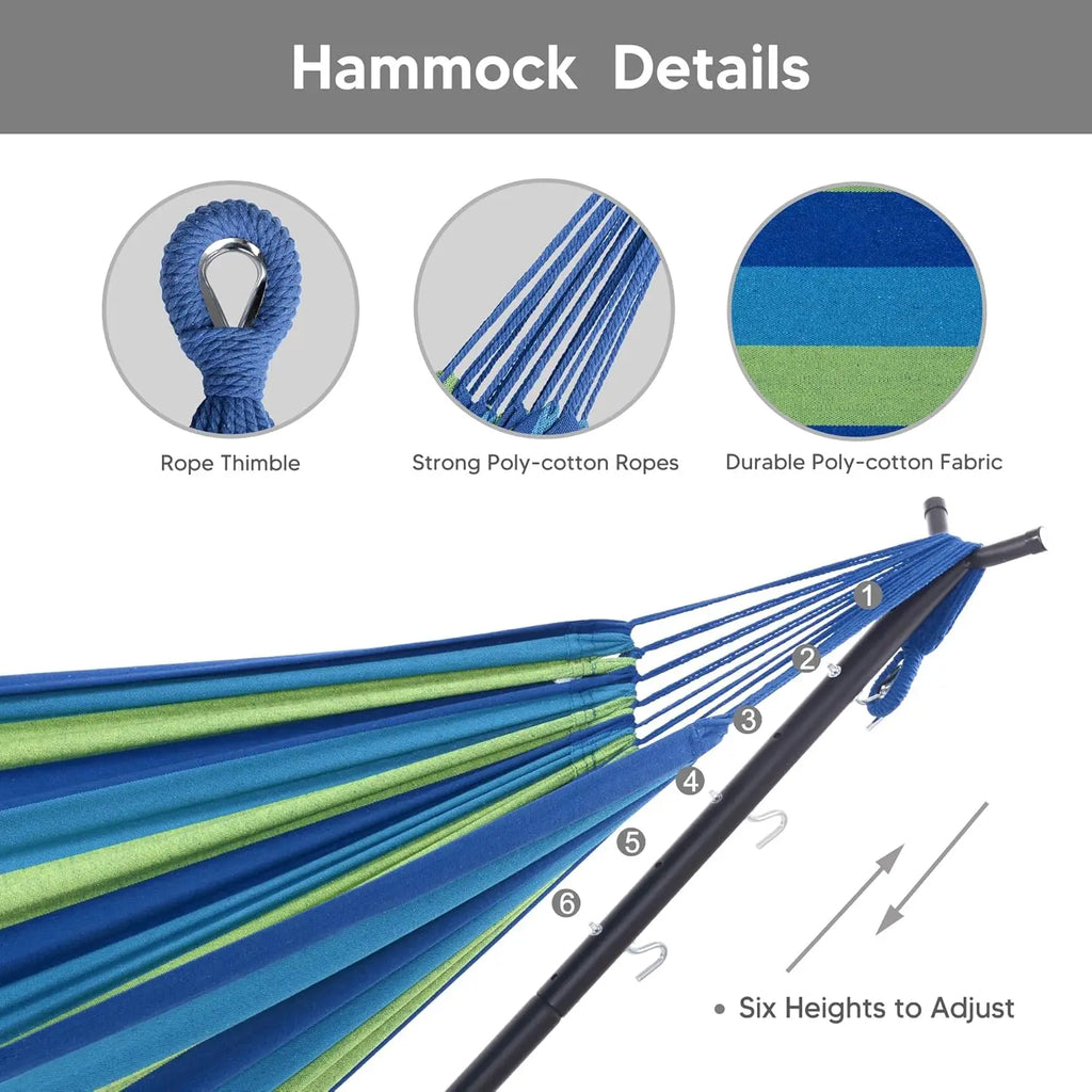 Outdoor 2-in-1 Hammock Chair with Stand in Blue Stripe, 475 lbs Capacity, Heavy Duty, Patented