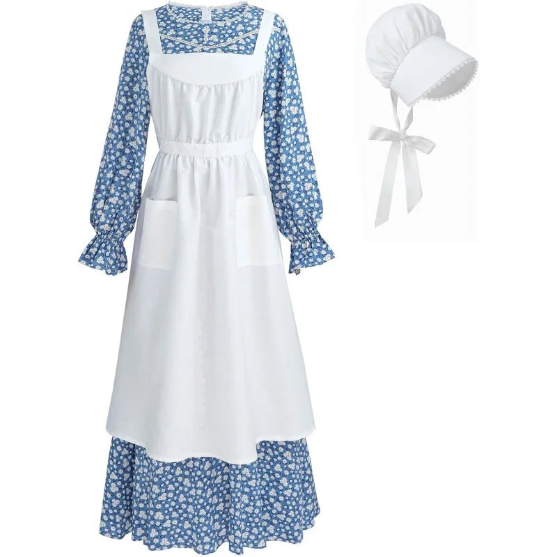 Pioneer Dress Women Prairie Dress with Bonnet Adult Long Colonial Costume