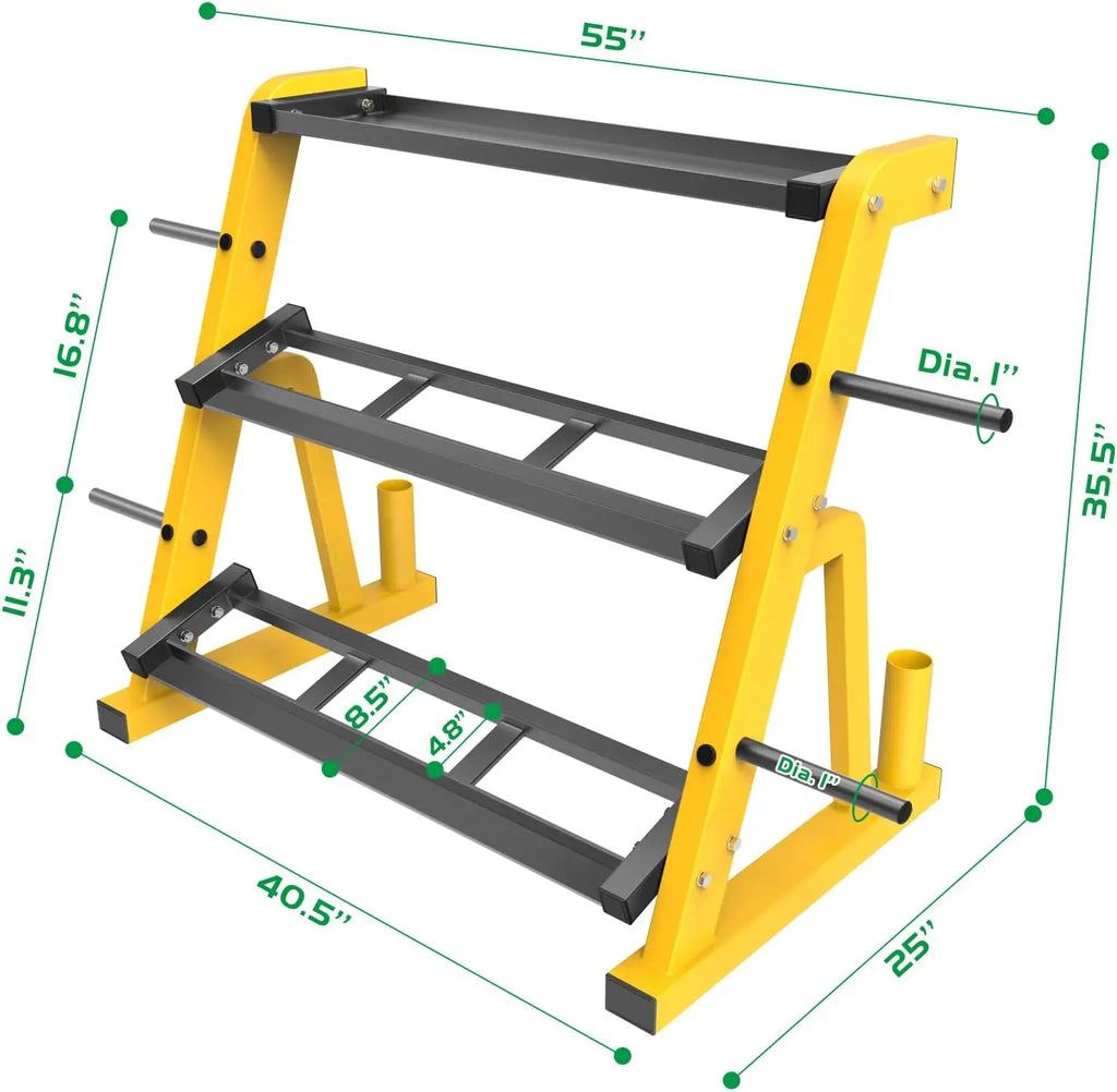 Heavy Duty Three Tier Dumbbell Rack Stand Multifunctional Weight Rack Storage Holder Display Stand Base Unit For Dumbbell Kettlebell Barbell Plate Barbell Bar Home Gym Yellow Black