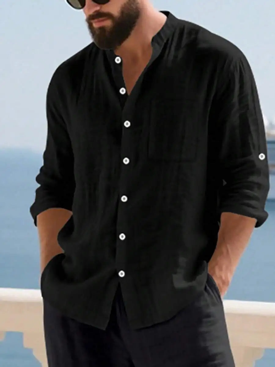 Mens Linen Stand Collar Long Sleeve Button-Up Shirt Loose Breathable Casual Beach Vacation Wear