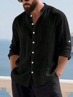 Mens Linen Stand Collar Long Sleeve Button-Up Shirt Loose Breathable Casual Beach Vacation Wear