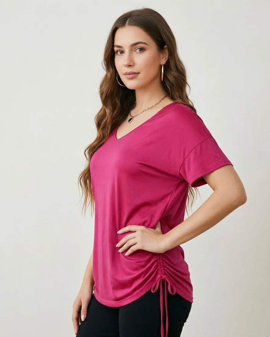 Plus size spring and summer rose pink V-neck drawstring T-shirt loose slimming short sleeve top side drawstring adjustable casual T-shirt