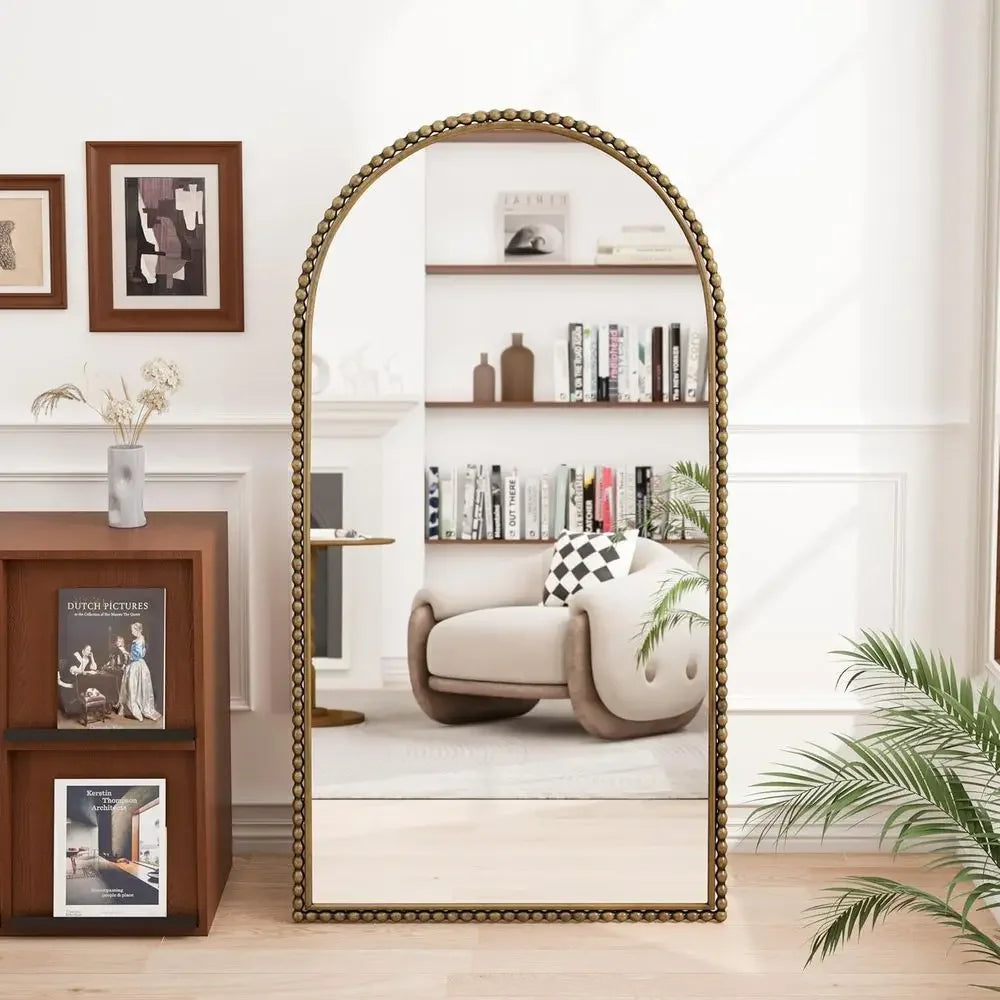 65 x 35 Arched Vintage Floor Mirror with Stand, Elegant Gold-Toned Full-Length Mirror for Living Room, Bedroom, or Dining Area