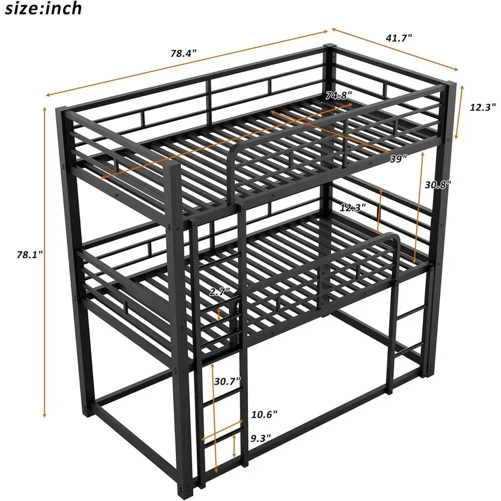 Sturdy Triple Bunk Bed - Twin Over Twin Over Twin Metal Frame for Kids, Teens, Adults in Black