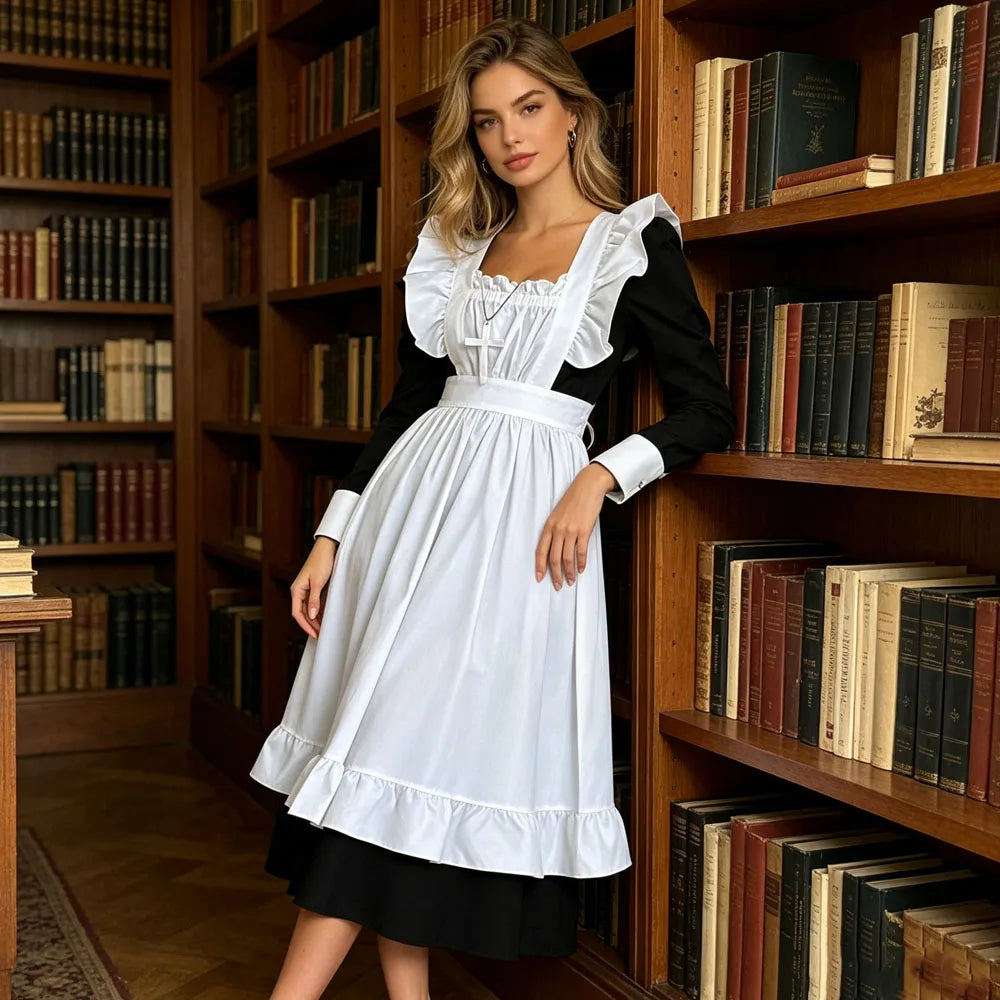 Women Gothic Nun Maid Cosplay Costume Long Sleeve Black Dress White Ruffle Apron Cross Pendant Vintage Victorian Lolita Outfit Halloween Carnival Cafe Waitress Uniform