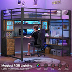 Full Size Gaming Loft Bed with Desk, Storage Drawers, Power Outlet, Metal Frame, RGB Lights, Space-Saving Design for Teens, Guar