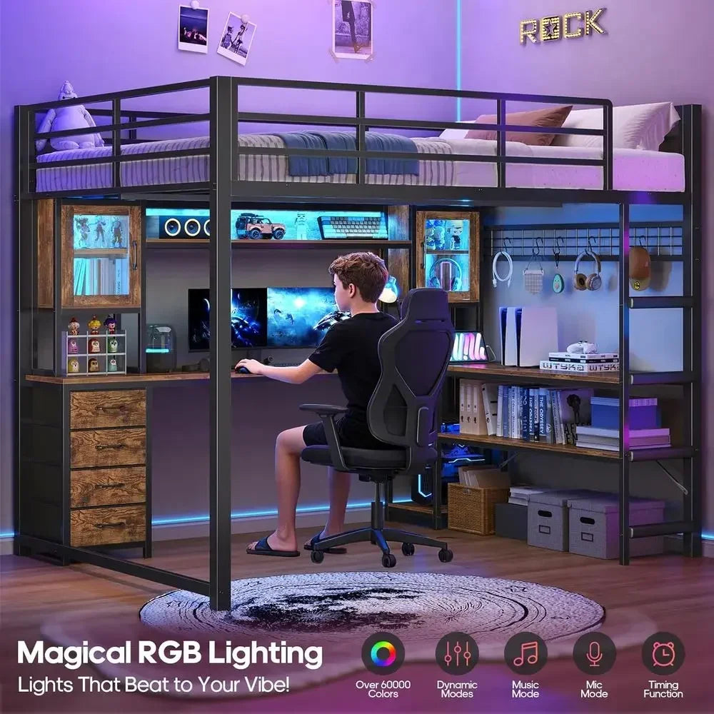 Full Size Gaming Loft Bed with Desk, Storage Drawers, Power Outlet, Metal Frame, RGB Lights, Space-Saving Design for Teens, Guar