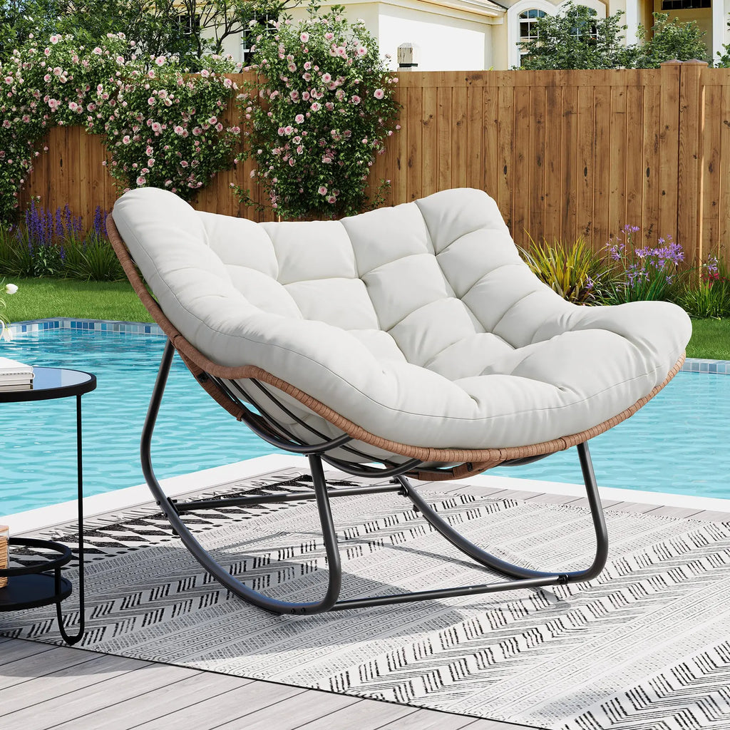 Oversized Outdoor Rocking Chair Metal And PE Rattan Frame With Cushion 400LBS Capacity Gentle 30 Degree Rocking Comfort Ideal For Patio Garden Or Living Room
