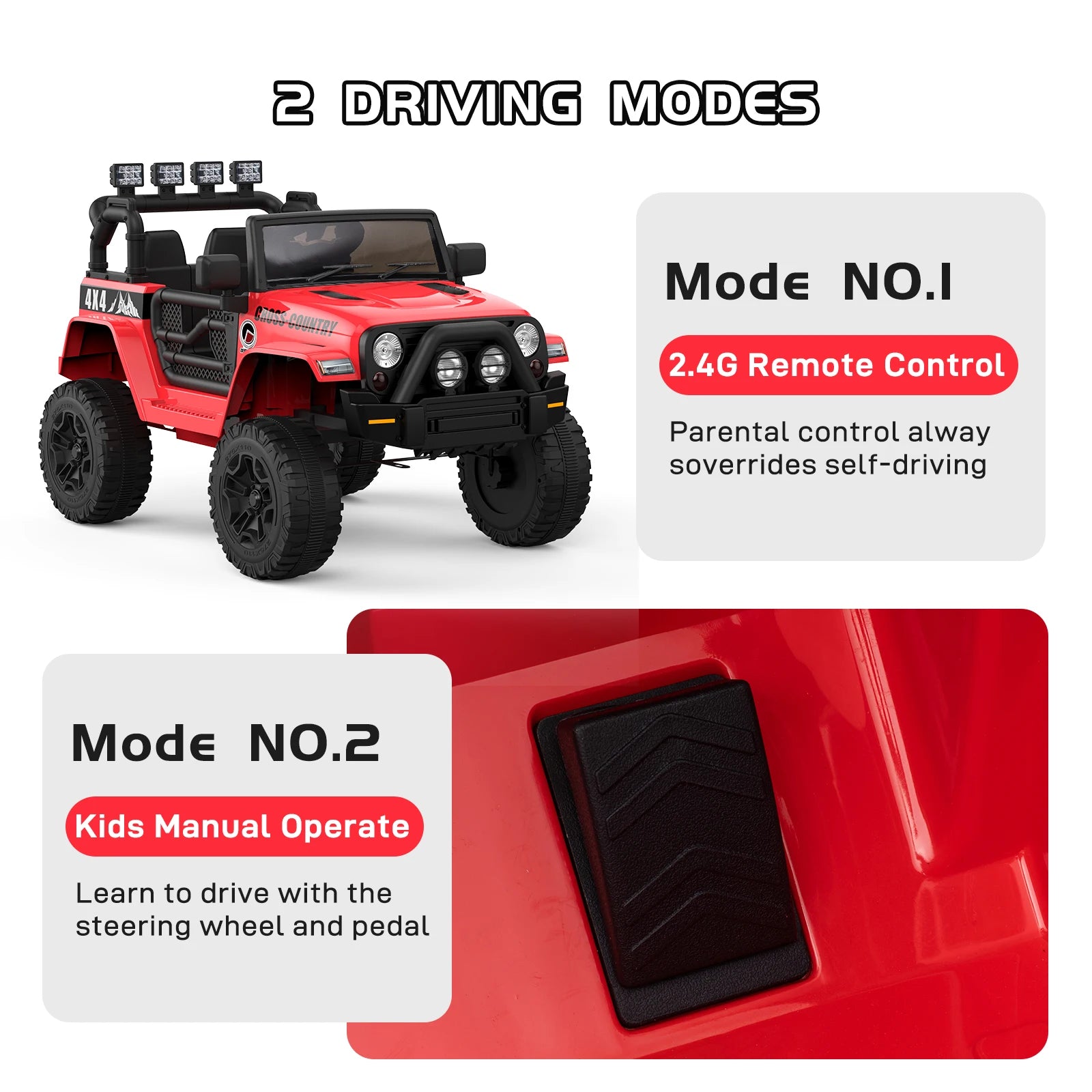 12V 2 Seater Kids Ride On Truck With Parent Remote Control, Electric Car With 2 Speeds, LED Lights, Bluetooth, USB, MP3, Lockable Doors
