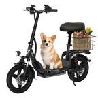 Bodywel T3 Folding Ebike - 48V 10Ah Electric Bike with Seat, 14 Inch Portable Escooter with rack & Rear Basket for Adults Urban