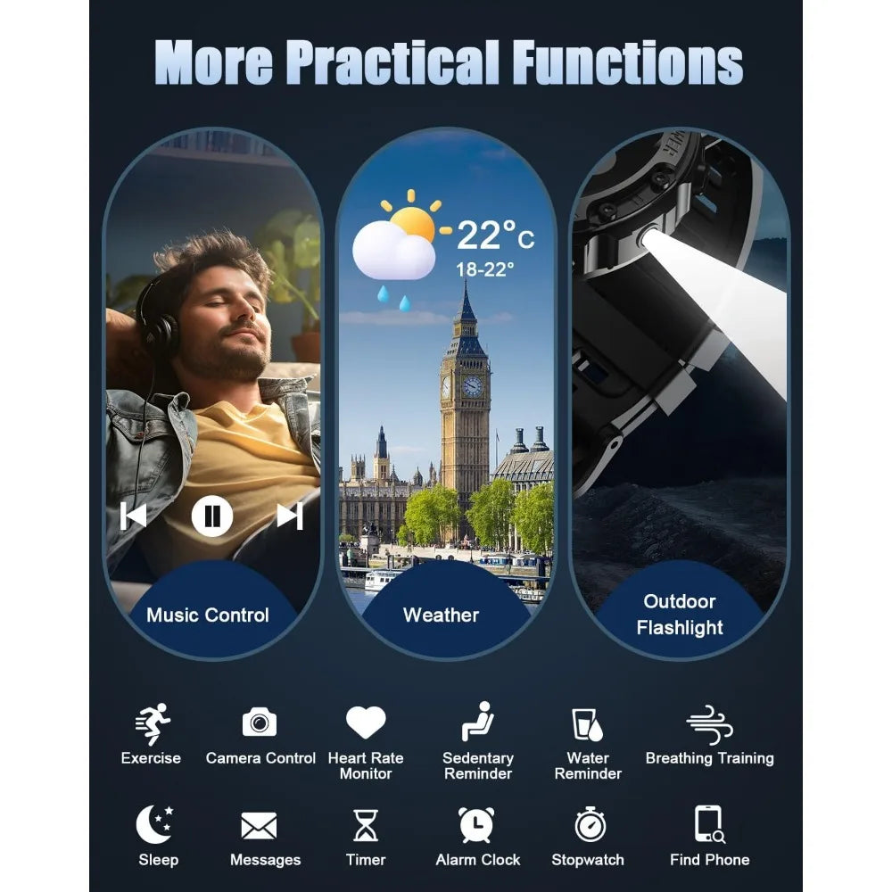 39mm HD Fitness Watch: Smartwatch for Men, Health Tracking, 114+ Sports Modes, Waterproof, 30-Day Battery, Black