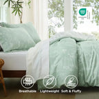 Comforter Set - Sage Green Bed Set, 3 Pieces Lightweight Summer Cute Floral Bedding, 1 Soft Reversible Botanical Flowers Comfor