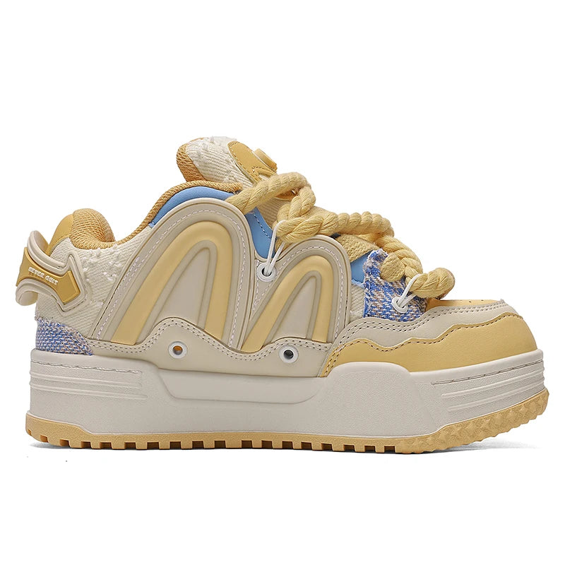 Q-AND Women Kawaii Cheese Yellow Chunky Platform Skate Sneakers with Cheese Pendant, Thick Height Increasing Sole Casual Walking Shoes, Wear Resistant Non Slip Rubber Outsole Cute Streetwear Footwear