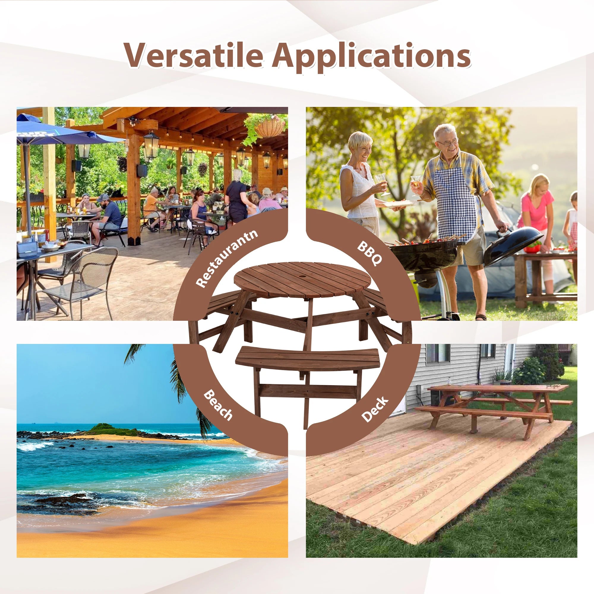 Solid Wood Round Outdoor Picnic Table with 3 Curved Benches, Weatherproof Wooden,Outdoor Patio Dining Furniture with Umbrella HoleWeather Resistant Patio Dining Furniture Set for Garden Backyard Deck