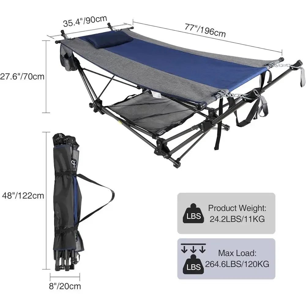 Portable Camping Hammock with Stand, Removable Pillow, Storage Net, Ideal for Adults Outdoors, Beach, Backyard, Garden, Lawn