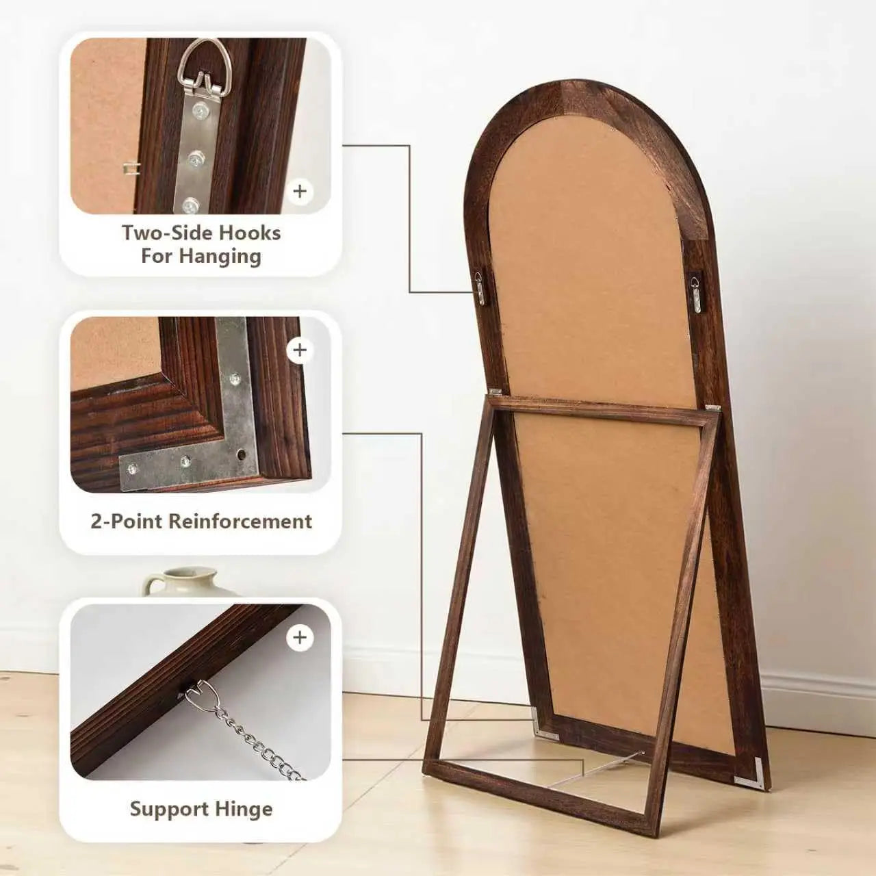 Arched Full Length Mirror 65"x22" Long Vintage Wood Floor Length Mirror with Stand Brown, Customized