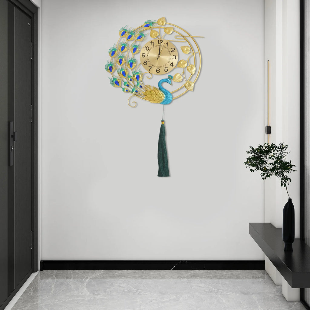 Luxury Large Peacock Wall Clock Silent Quartz Golden Blue Art Decor for Living Room Bedroom Office Unique Gift Home Kitchen Cafe Bar Resin Metal 58cm