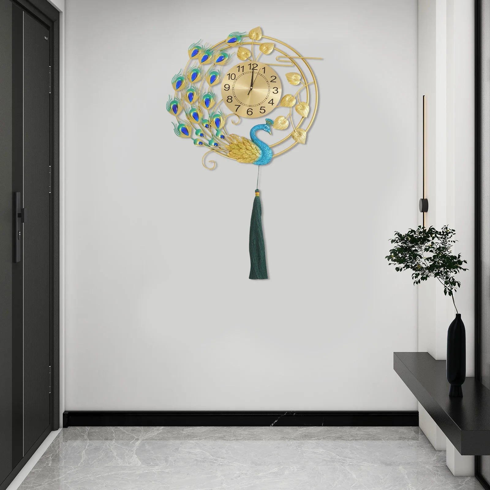 Luxury Large Peacock Wall Clock Silent Quartz Golden Blue Art Decor for Living Room Bedroom Office Unique Gift Home Kitchen Cafe Bar Resin Metal 58cm