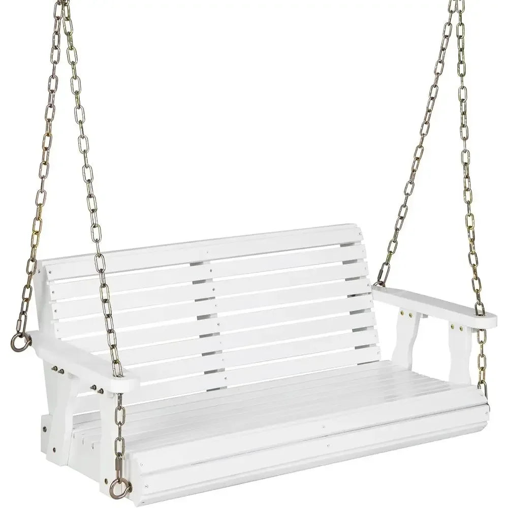 2-Seat Wooden Porch Swing with Hanging Chains, 600 lbs Capacity, for Outdoor, Patio, Garden, Backyard (White)