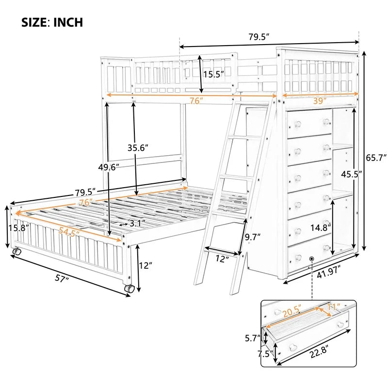 Gray Wooden Twin Over Full Bunk Bed with 6 Drawers and Adjustable Shelves, Bottom Bed on Wheels