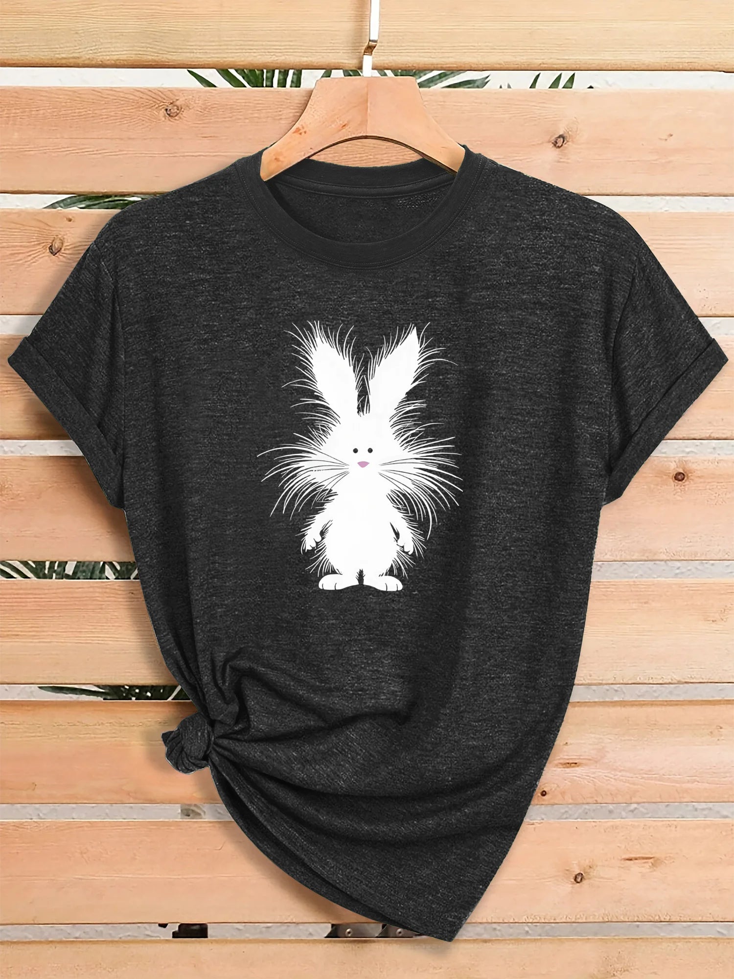 Women Fluffy White Bunny Rabbit Graphic T Shirt Cute Cartoon Animal Easter Spring Short Sleeve Crew Neck Heather Pink Casual Tee Tops