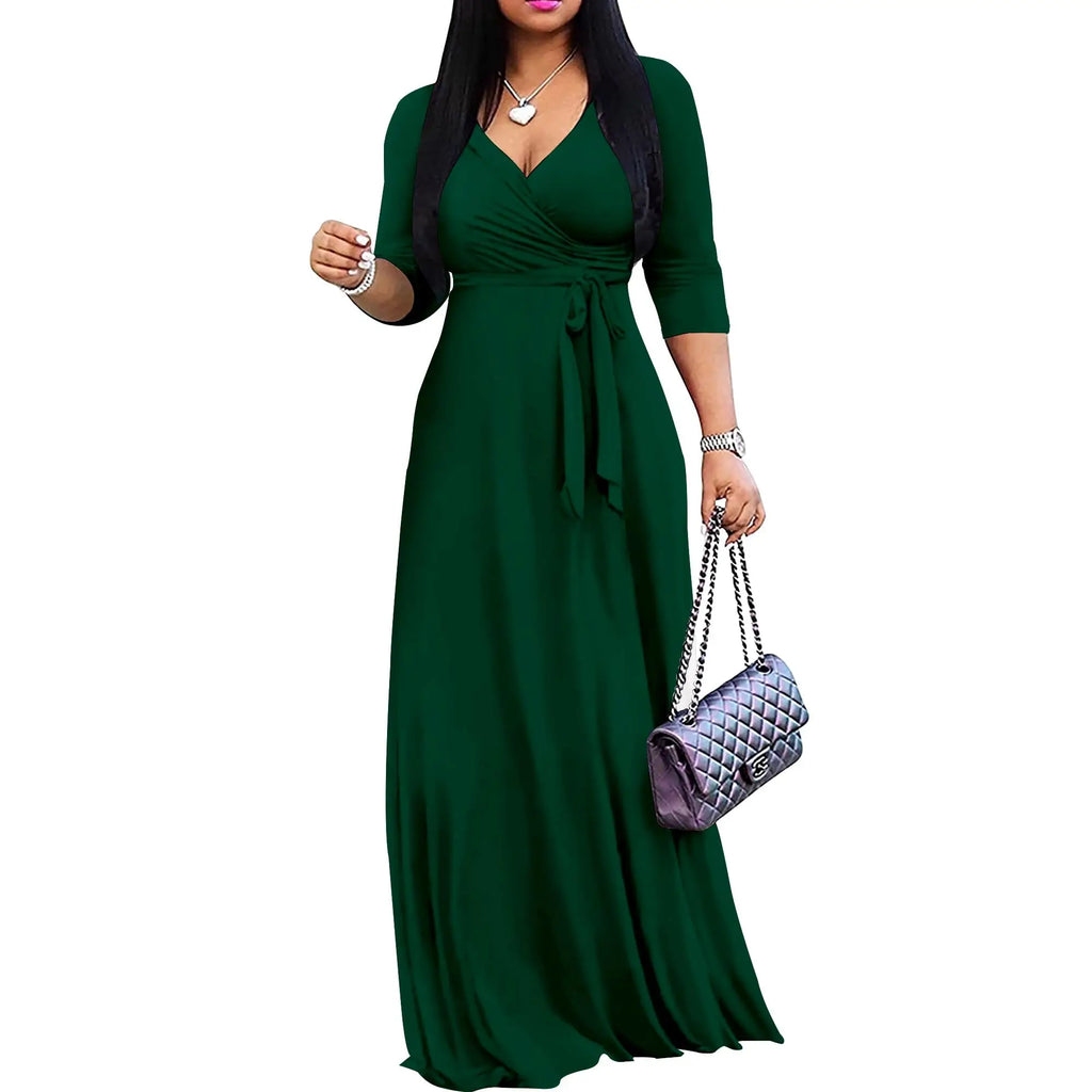 Women Plus Size Long Maxi Wrap Dress V Neck 3 4 Sleeve Summer