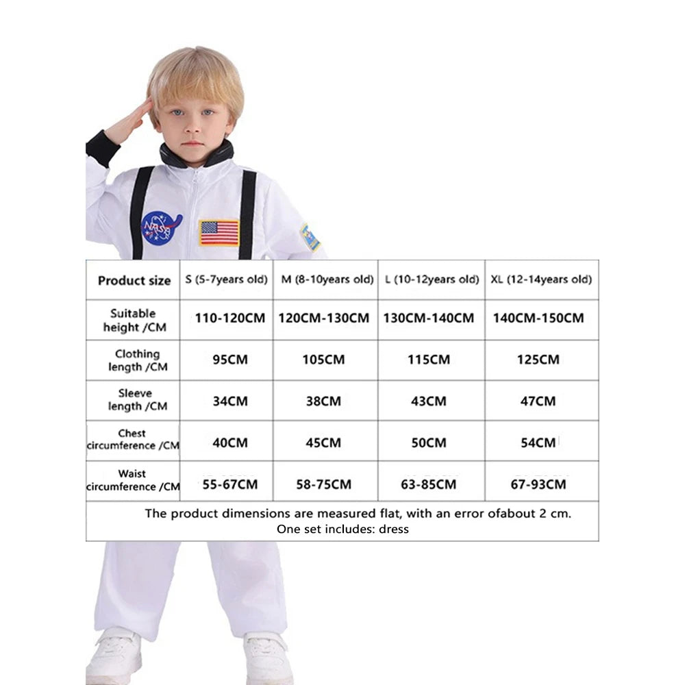 Kids White Astronaut Jumpsuit Space Flight Suit Boys Girls Cosplay Costume Halloween School Stage Role Play Spaceman Outfits