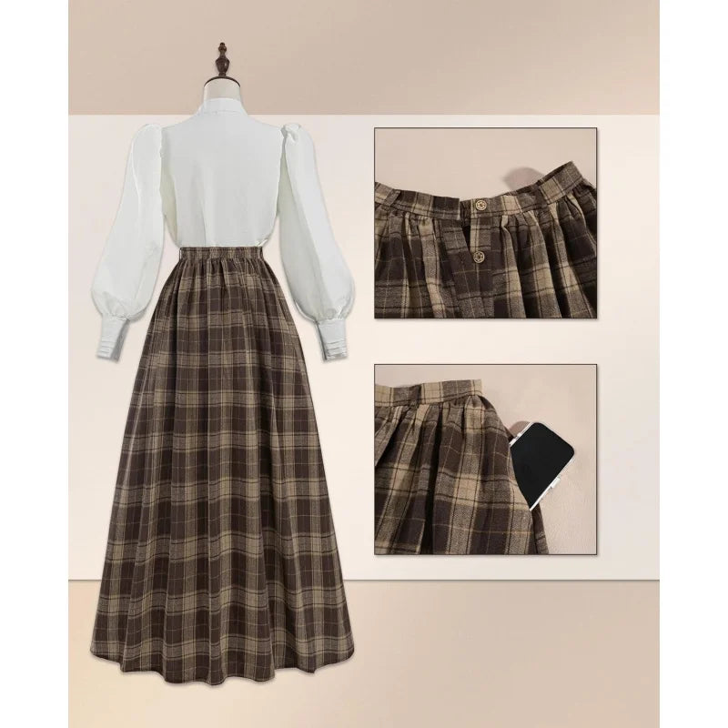 Victorian Dress for Women 2-Pieces Edwardian Dress 1800s Costume Plaid Maxi Skirt