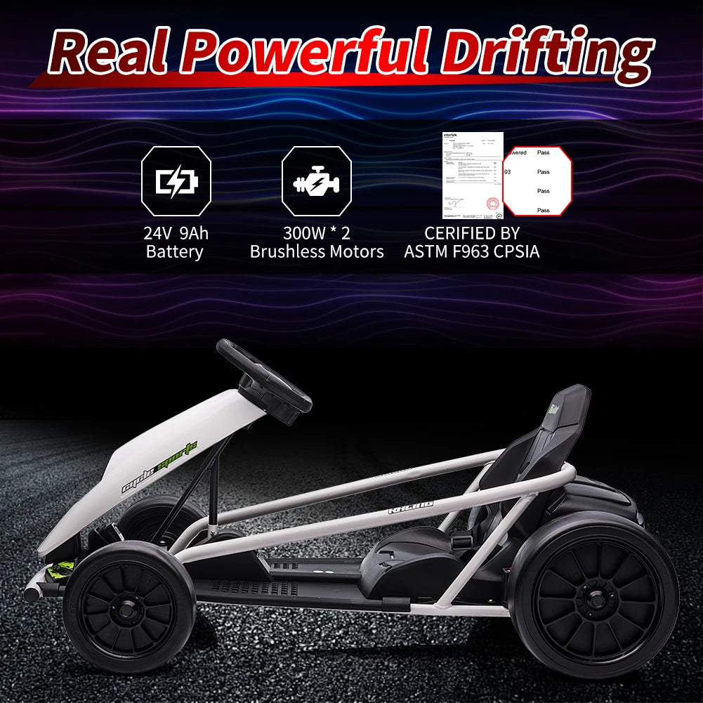 24V Electric Go Kart Drift Car for Kids 8-12, Ride On Racing Toy with Dual 300W Motors/8 MPH High Speed/Music, Outdoor Fun Gift