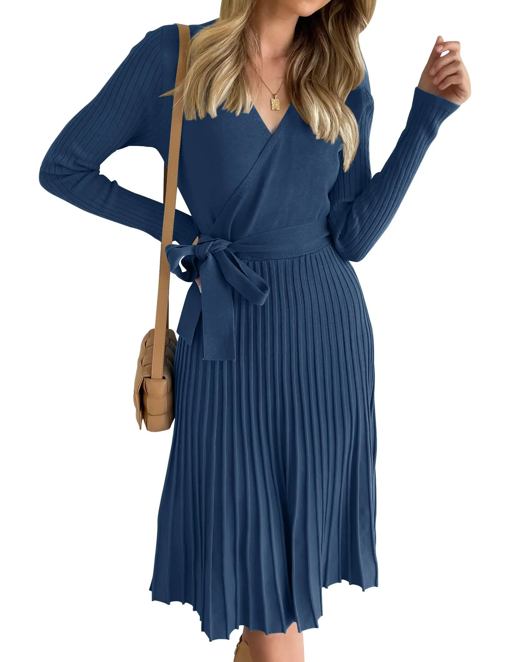 Womens Long Sleeve Wrap V Neck Ribbed Knit Pleated A-Line Sweater Dress With Belt