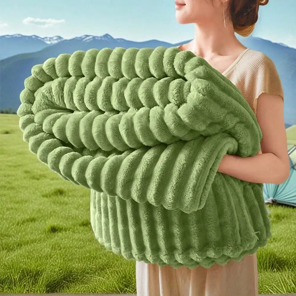 1PC Double-Sided Faux Rabbit Fur Blanket, Luxury Striped Flannel Throw, Soft Warm Polyester Bed Cover, Multi-use for Nap Office Camping Sofa, Ideal Christmas Gift