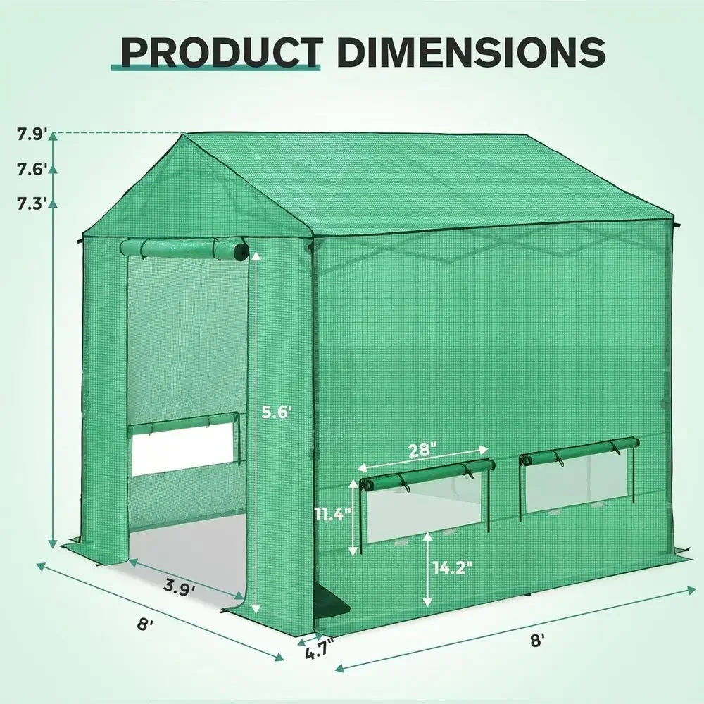 8x8 Walk-In Outdoor Garden Greenhouse with Automatic Ventilation, Zippered Doors & Windows, Green PE Cover
