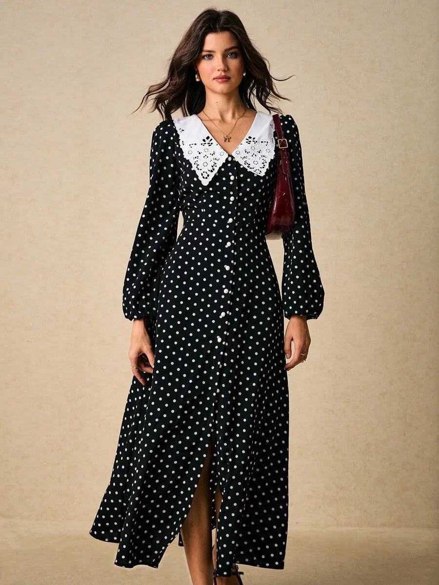 Womens Black White Polka Dot Button Front Midi Dress Lace Peter Pan Collar Long Sleeve Vintage Tea Party Dress
