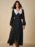 Womens Black White Polka Dot Button Front Midi Dress Lace Peter Pan Collar Long Sleeve Vintage Tea Party Dress