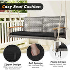 Outdoor 2-Person Porch Swing with Cushion and Ropes, Durable PE Rattan, Up to 800 lbs, Ideal for Patio, Garden (Black)