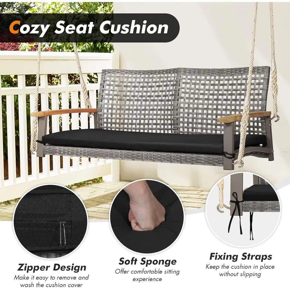 Outdoor 2-Person Porch Swing with Cushion and Ropes, Durable PE Rattan, Up to 800 lbs, Ideal for Patio, Garden (Black)