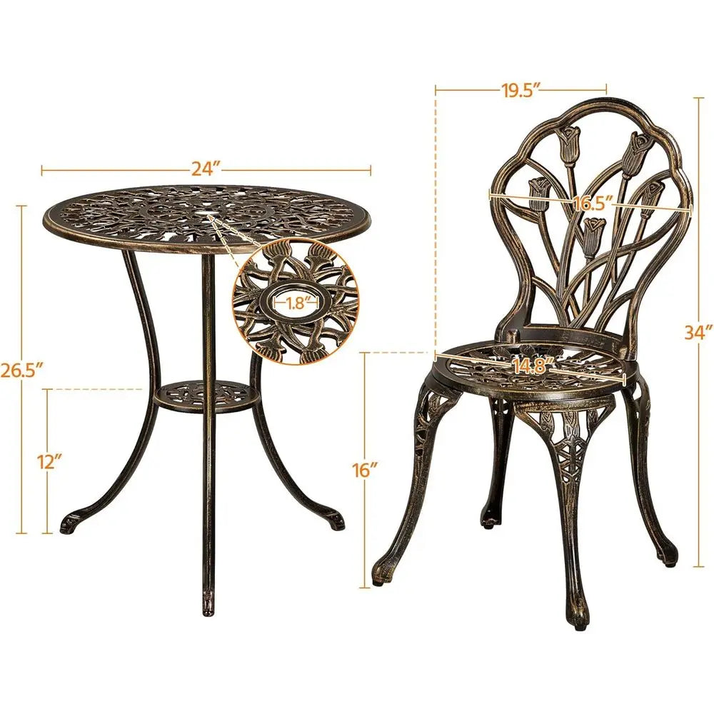 Patio Bistro Sets 3 Piece, Outdoor Rust-Resistant Cast Garden Table and Chairs, Bronze